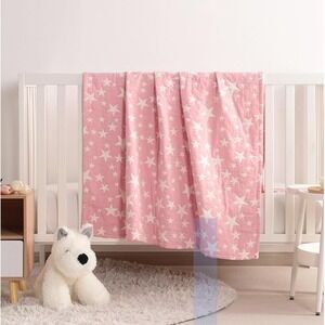 3-Layer Pink White Stars Reversible Muslin Cotton Toddler Blanket 45x60 Nursery